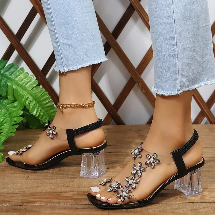 Women's High-Heeled Slip-On Sandals with Rhinestones