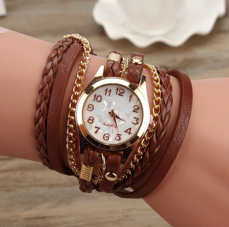 PU Leather Woven Bracelet Watch with Quartz Chain