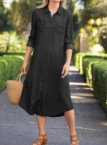 Long Sleeve Denim Dress with Multiple Pockets (One Piece)