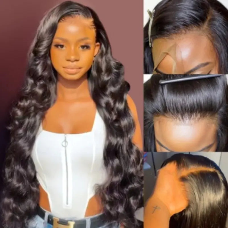 Women's Long Curly Black Wig with Rose Mesh Design