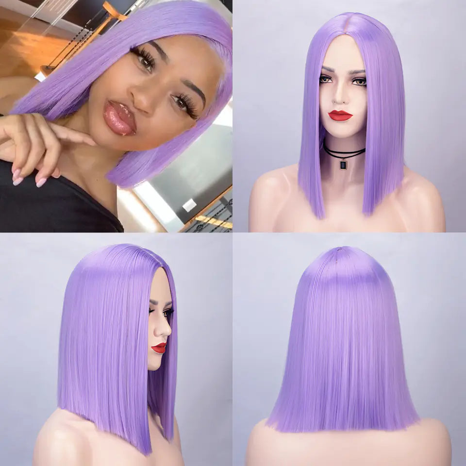 Purple Shoulder Length Straight Synthetic Fiber Wig