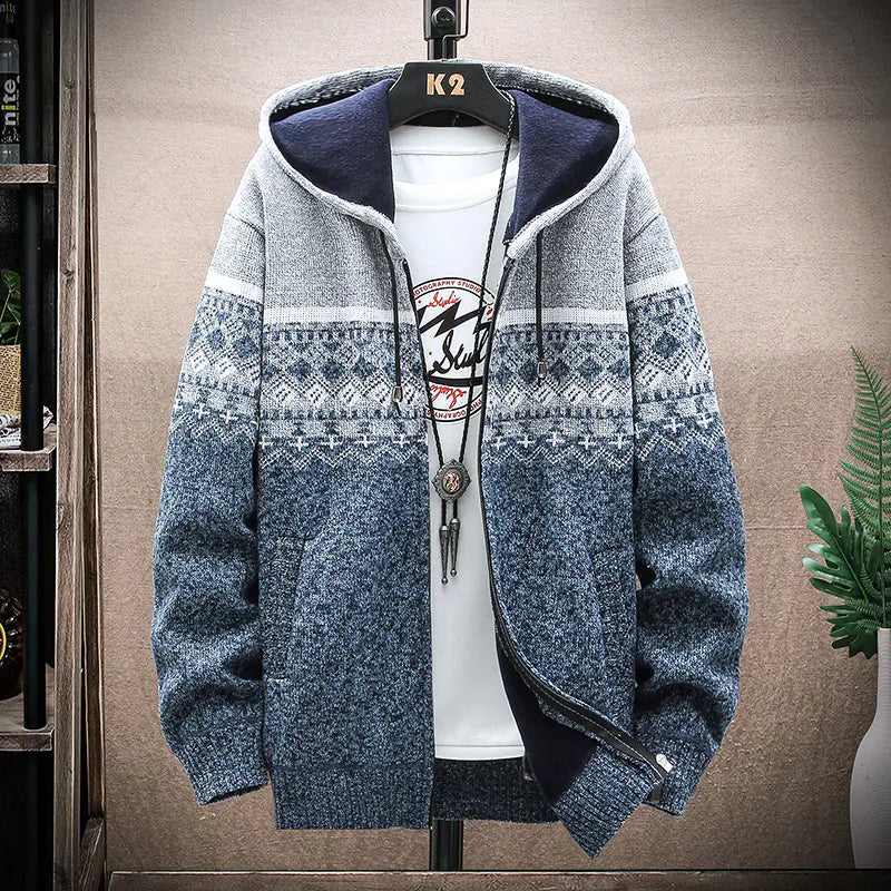 Men's Thick Knitted Fleece Hooded Cardigan Sweater