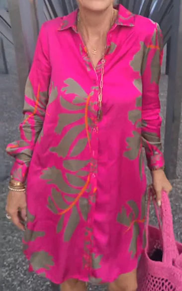 Long Sleeve V-Neck Printed Shift Dress for Women (One Piece)