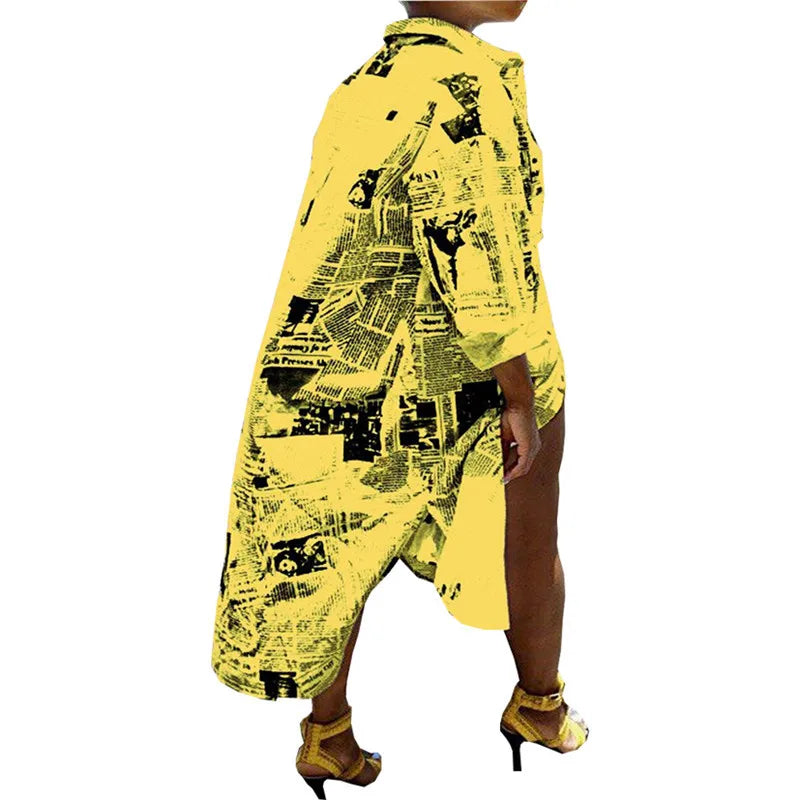 Oversized Newspaper Print Long Sleeve Shirt Dress