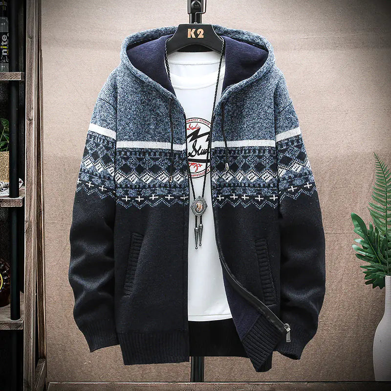Men's Thick Knitted Fleece Hooded Cardigan Sweater