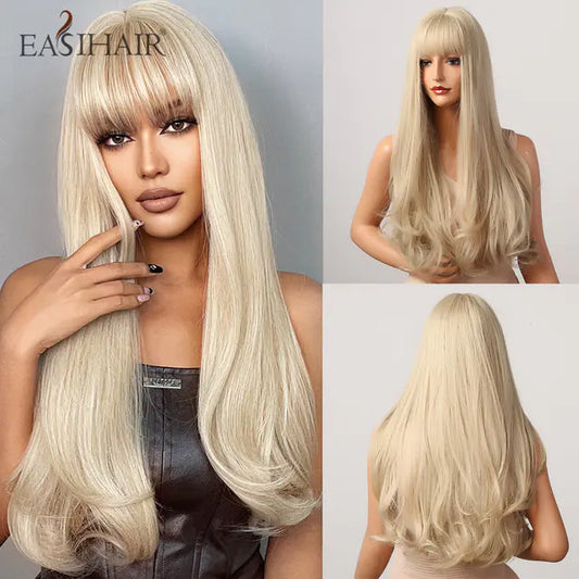 EASIHAIR Long Wine Red Bangs Gradient Fashion Wig
