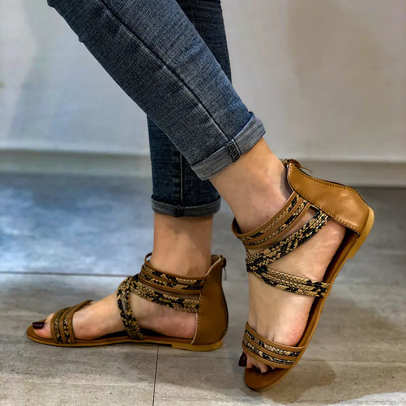 Flat Color Block Zipper Casual Roman Sandals