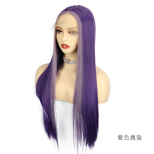 Ladies Front Lace Long Straight Fiber Wig Head Cover