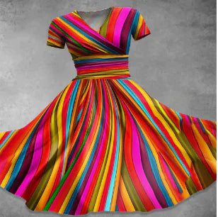 Colorful Elegant Dress with V-Neck and Short Sleeves (One Piece)