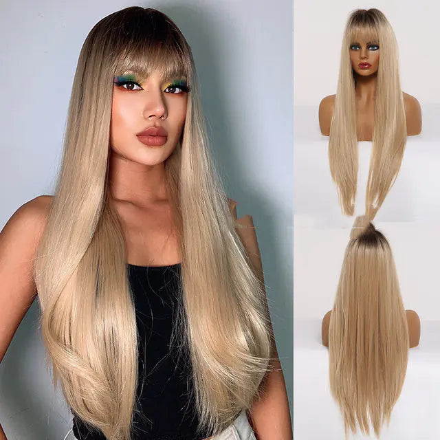 Fashion Long Straight Brown Grey Wig for Women