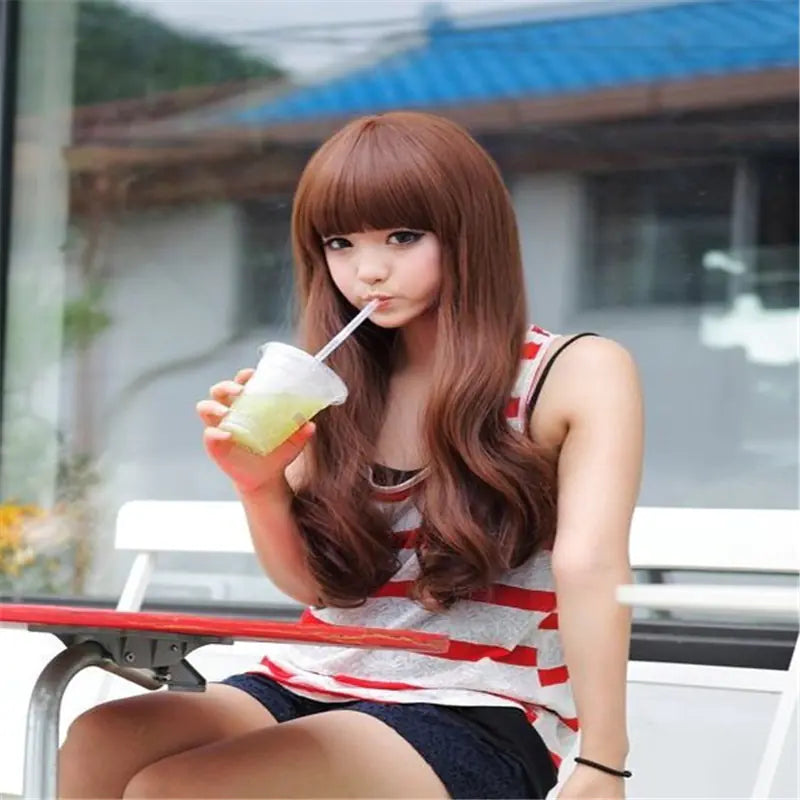 Korean Style Long Wavy Wig with Bangs - High-Temperature Fiber