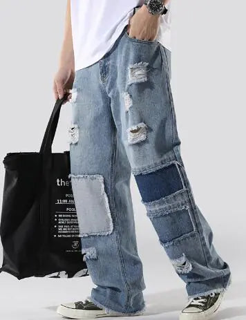 Patchwork Jeans for Men with Ripped Design (One Piece)