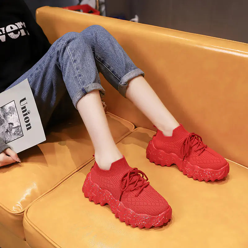 Red Women's Breathable Platform Sneakers (Casual & Stylish)