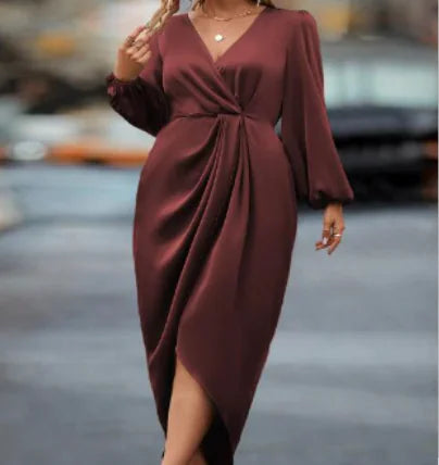 Elegant Dress with Lantern Sleeves and V-Neck (One Piece)