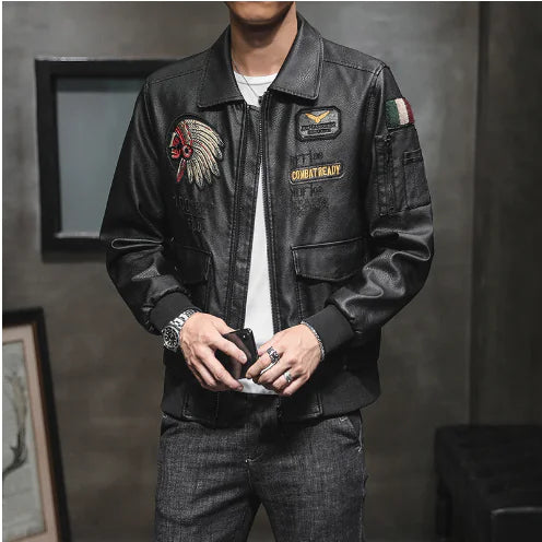 Men's PU Leather Jacket with Embroidery (One Piece)