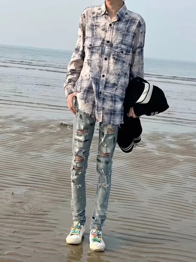 Men's Splash Paint Jeans with Distressed Wash Holes