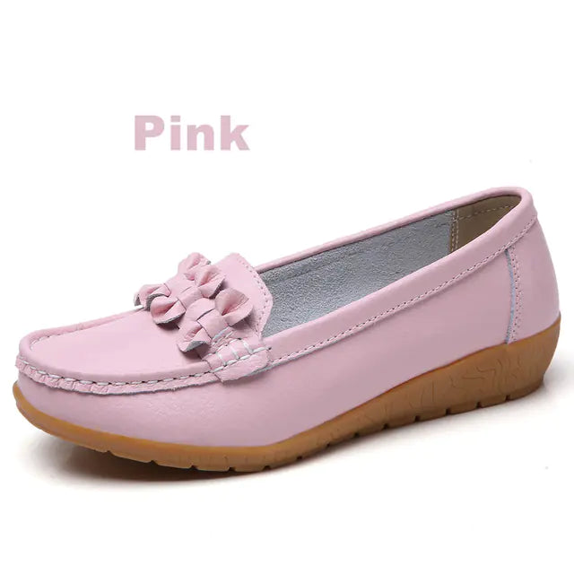 Genuine Leather Slip-On Flats with Bow for Women
