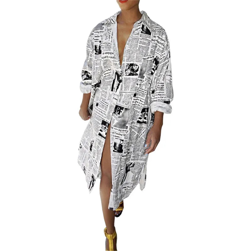 Oversized Newspaper Print Long Sleeve Shirt Dress