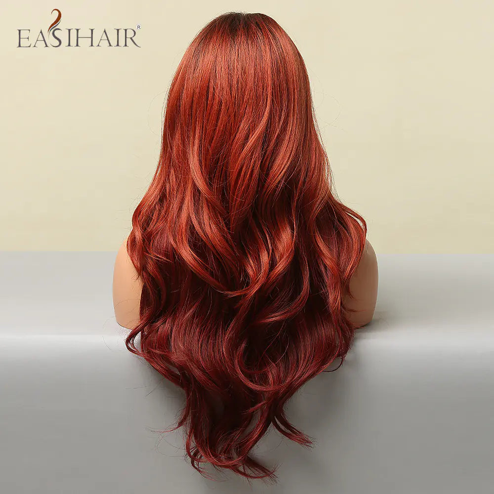 EASIHAIR Long Wine Red Bangs Gradient Fashion Wig