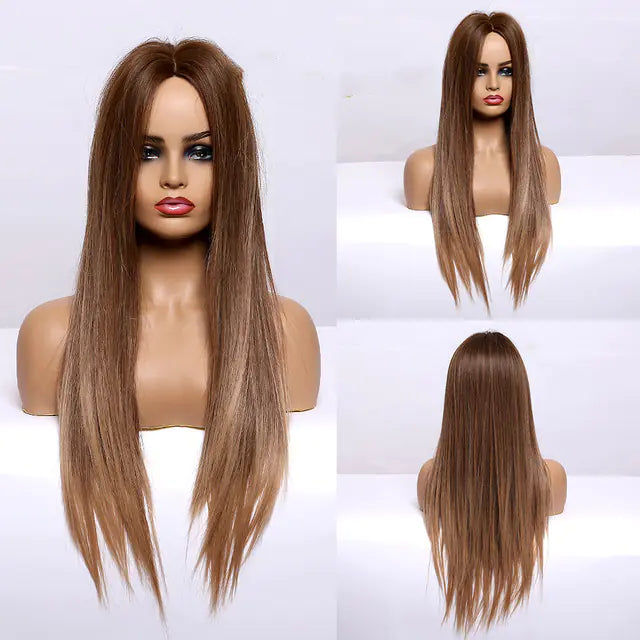 Fashion Long Straight Brown Grey Wig for Women