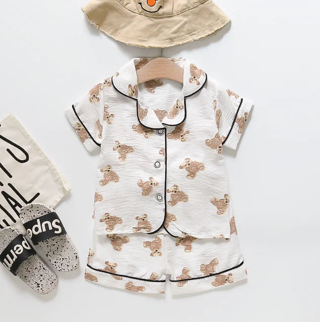 Satin Kids' Pajamas with Cartoon Bear Design (Two-Piece Set)