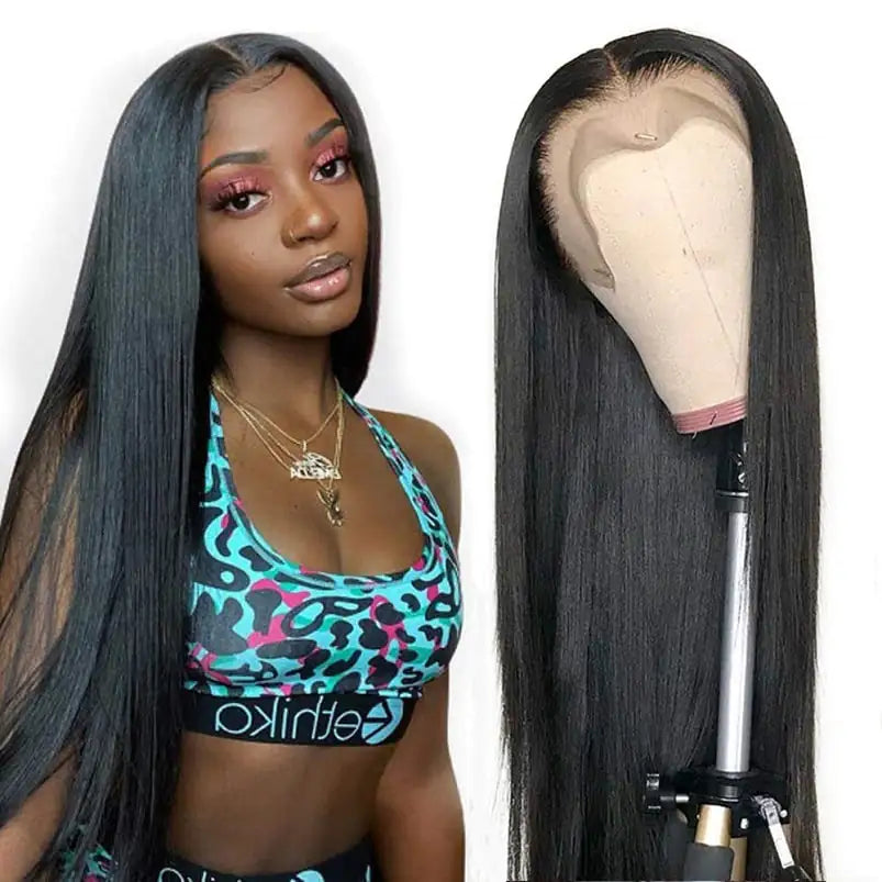Black Front Lace Long Straight Wig for Women