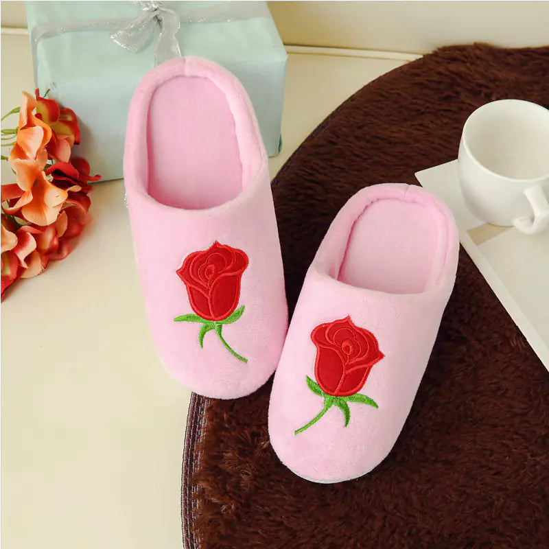 Rose Embroidered Non-Slip Cotton Indoor Slippers