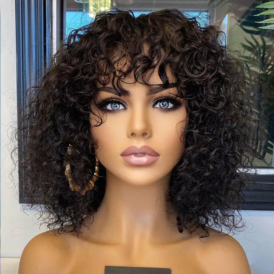 Deep Curly Bangs Human Hair Wigs