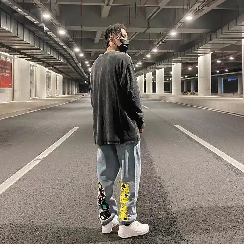 Loose Wide-Leg Jeans with Dice Cheese Print