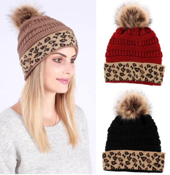 Warm Leopard Print Knitted Beanie Hat for Women