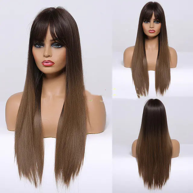 Fashion Long Straight Brown Grey Wig for Women