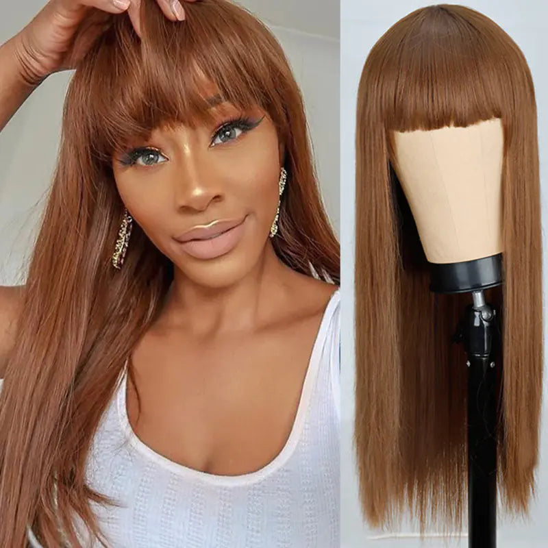 Natural Long Straight Black Wig with Air Bangs for Women