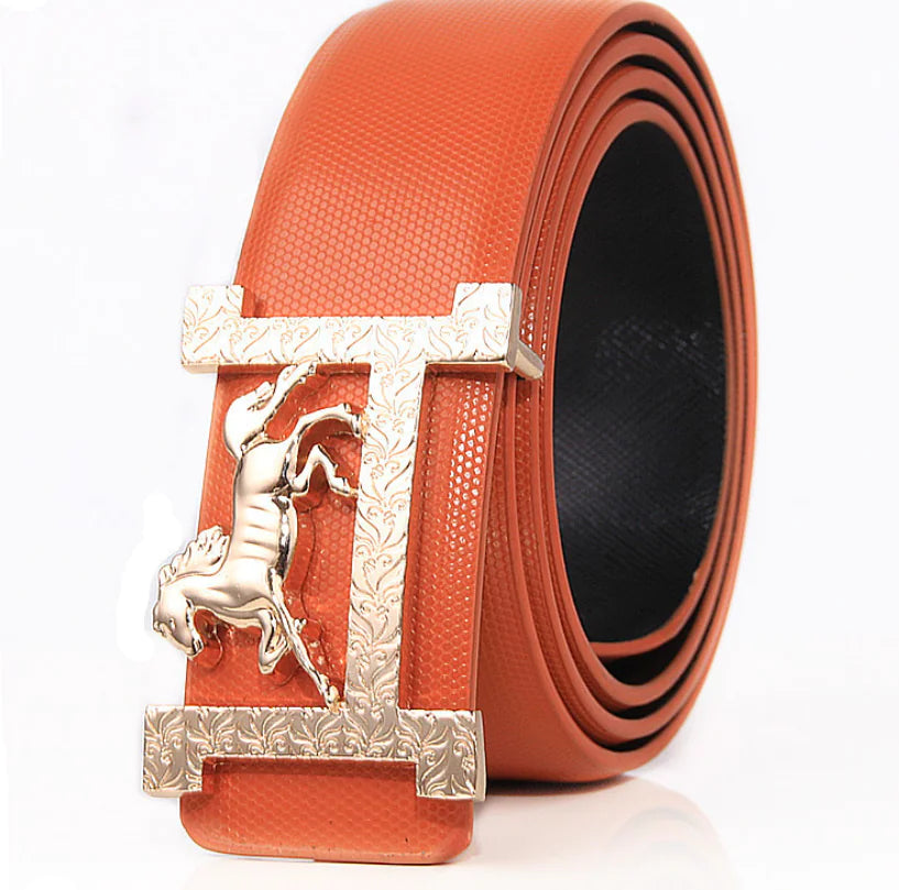 H Leather Belt with Gold Buckle for Men and Women