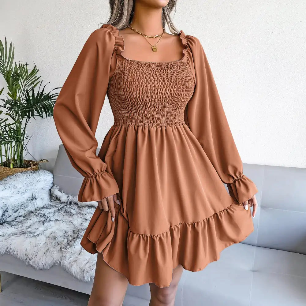 Square Neck Flared Long Sleeve Ruffle Dress
