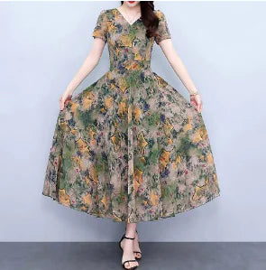 Plus Size Chiffon Floral Dress for Spring and Autumn