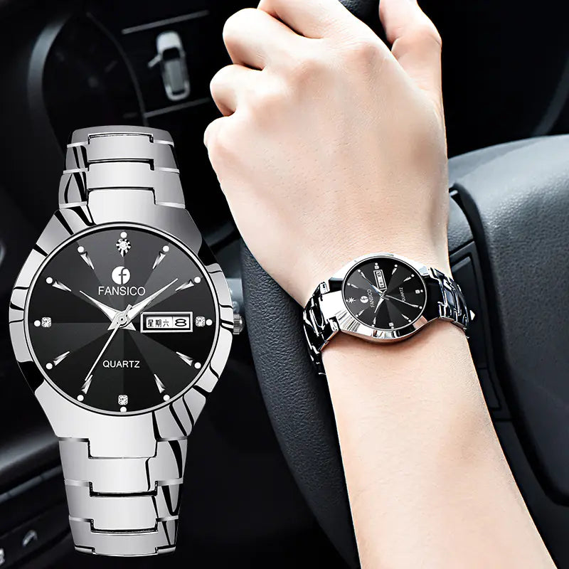 Men's Tungsten Steel Watch with Dual Calendar Feature