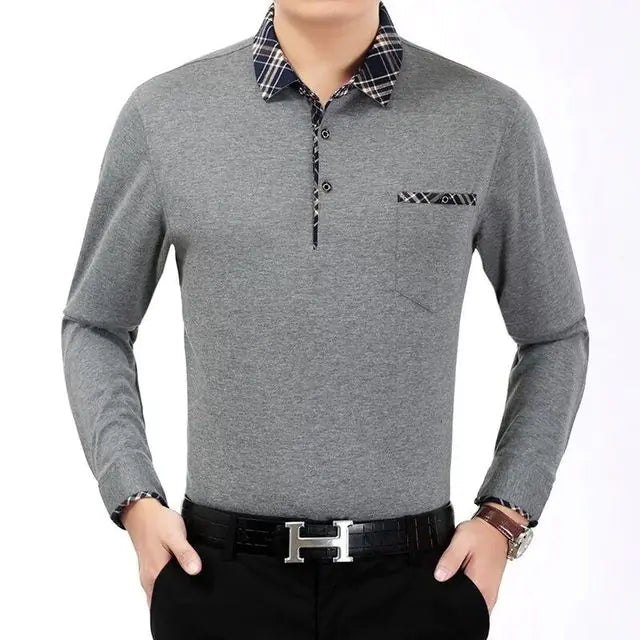 Men's Casual Long Sleeve Cotton Polo T-Shirt with Pocket