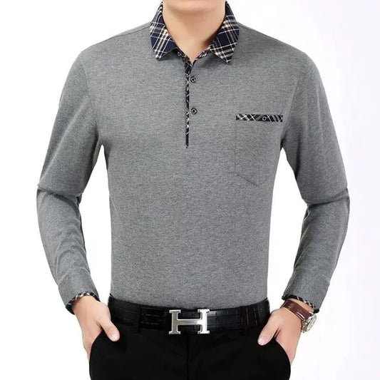 Men's Casual Long Sleeve Cotton Polo T-Shirt with Pocket