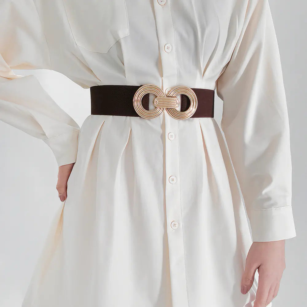 Women's Black Geometric Belted Dress with Metal Buckle