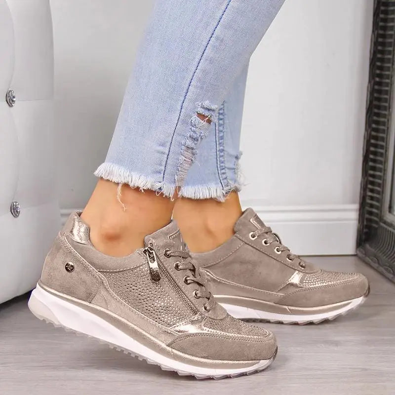 Women's Casual Lace-Up Gold Platform Sneakers