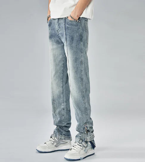 Men's Solid Colour Patchwork Straight-Leg Jeans