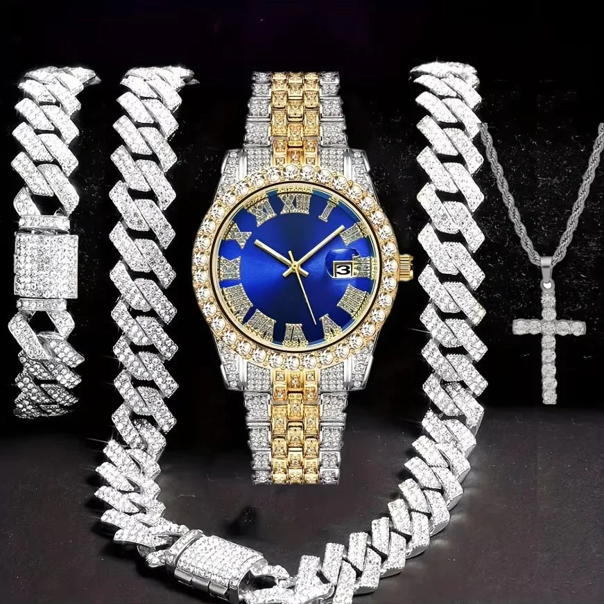Hip Hop Jewelry Set – Bracelet, Necklace & Diamond Watch