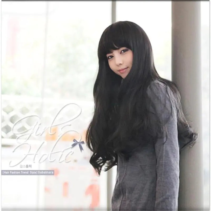 Korean Style Long Wavy Wig with Bangs - High-Temperature Fiber