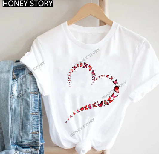 Butterfly Love Heart Print Short Sleeve Top (One Piece)