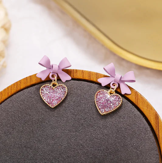Korean Style Purple Bow Sequin Heart Clip-On Earrings