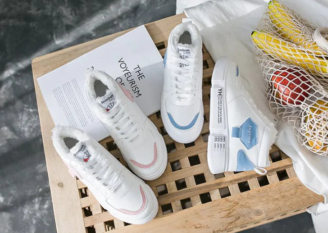 High-Top Plush Sports Shoes, White Sneakers