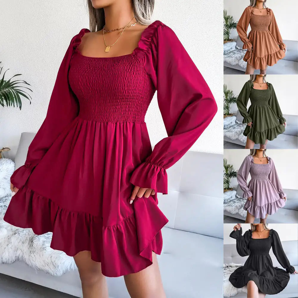 Square Neck Flared Long Sleeve Ruffle Dress
