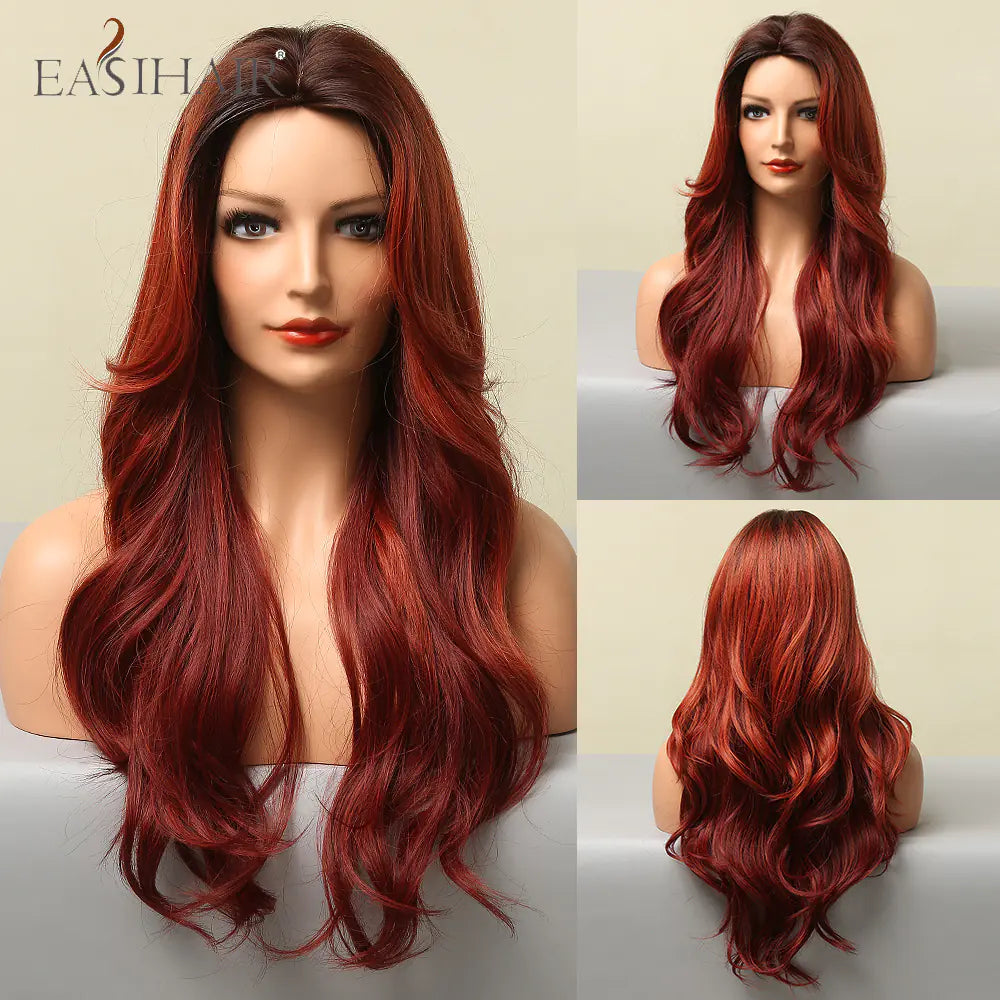 EASIHAIR Long Wine Red Bangs Gradient Fashion Wig