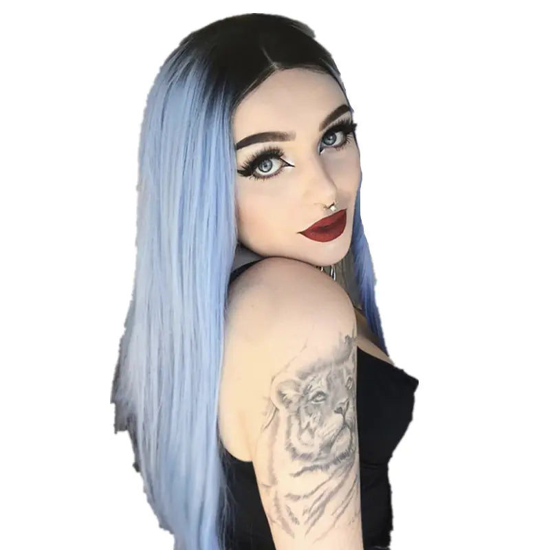 Dyed Long Straight Hair with Black to Sky Blue Gradient