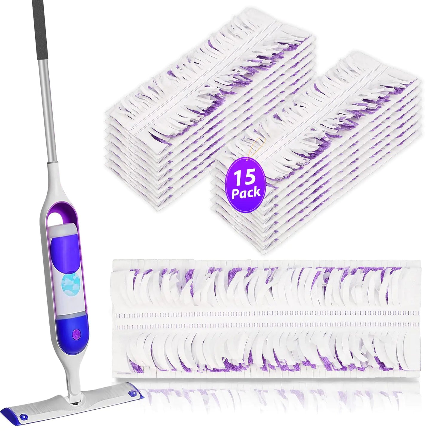 Disposable Mopping Pads Refills for PowerMop Multi-Surface Mop and PowerMop Wood Mop (Purple-15 Pack)